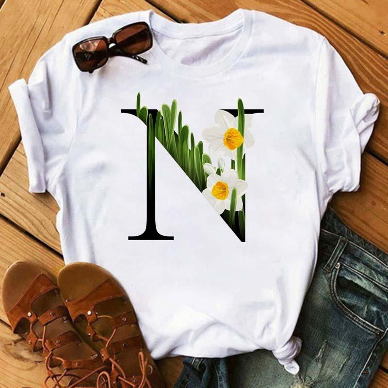 Womens Short Sleeved Tshirt with Floral Letter Print Top with Floral Pattern Casual Natural and Fashionable Daily WhiteTshirt