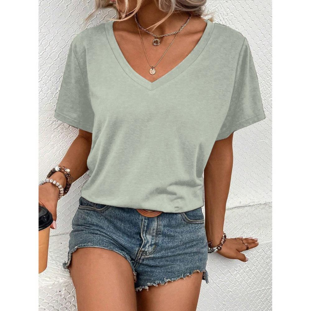 Product Lightweight And Comfortable Solid Color Summer Women's Simple T-shirt Fashion Street V-neck Elegant Large Top