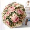1 Automatic Open/Close Floral Pattern Umbrella - Elegant Pink Rose and Greenery Design, 8-Rib Sturdy Folding Umbrella, Lightwe