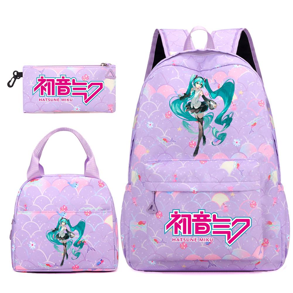 3 Stück/Set Anime Cartoon Hatsune Miku Bedruckter Rucksack Handtasche Federmäppchen für Teenager Schüler Mädchen Jungen Große Kapazität Wasserdicht Schultasche Reisetasche