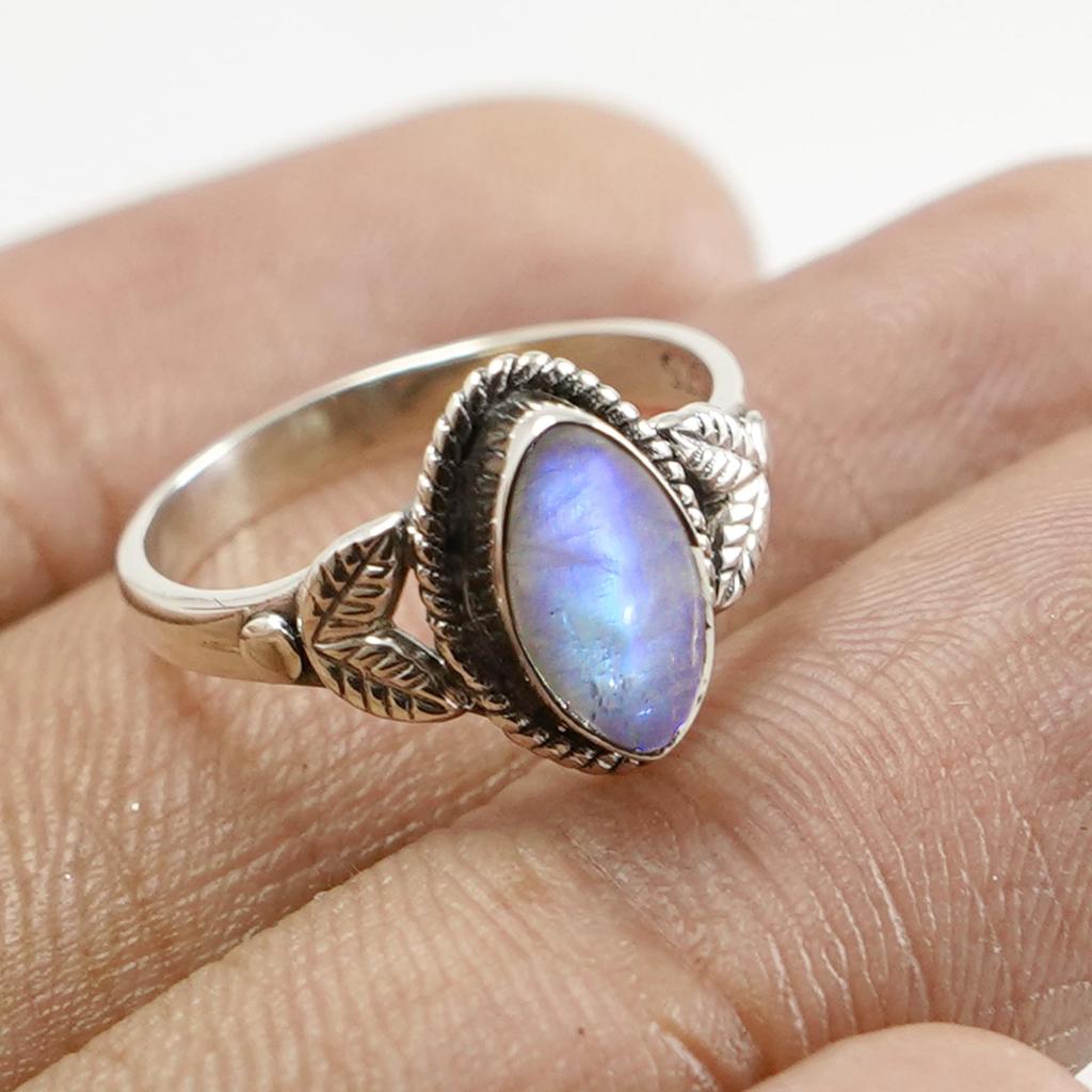 Marquise Regenbogenmondstein Ring: 925er Sterling Silber Handgefertigter Zarter Ring, Ring mit 2 Blättern Design