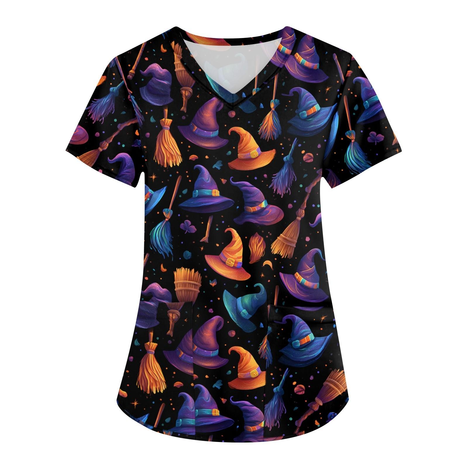 

Women s Printing Uniform Work Uniform V-neck Pockets Basic Short Sleeve Pullover Top XXXXXL