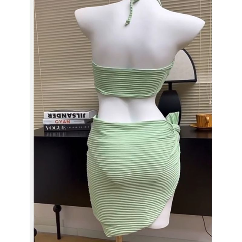 European and American Sexy Bikini Three-Piece Set Female Halterneck Pure Color Separates Swimsuit Beach Vacation Swimsuit Swimsuit