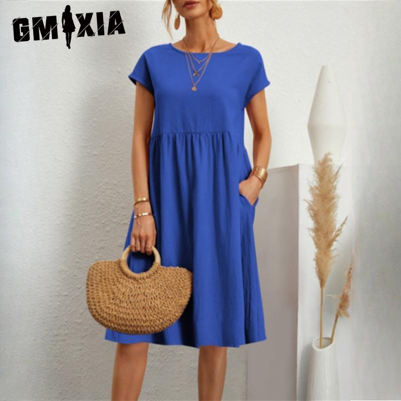 

GMXIA Женские Модные Летние Весенние Однотонные Платья с Принтом, Круглый Вырез, Завышенная Талия, Повседневные XXXL синий