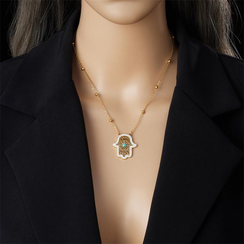 DIEYURO 316L Stainless Steel Golden Retro Hand Necklace Earrings Suit For Girl New Fashion Turquoise Jewelry Set Party Gift