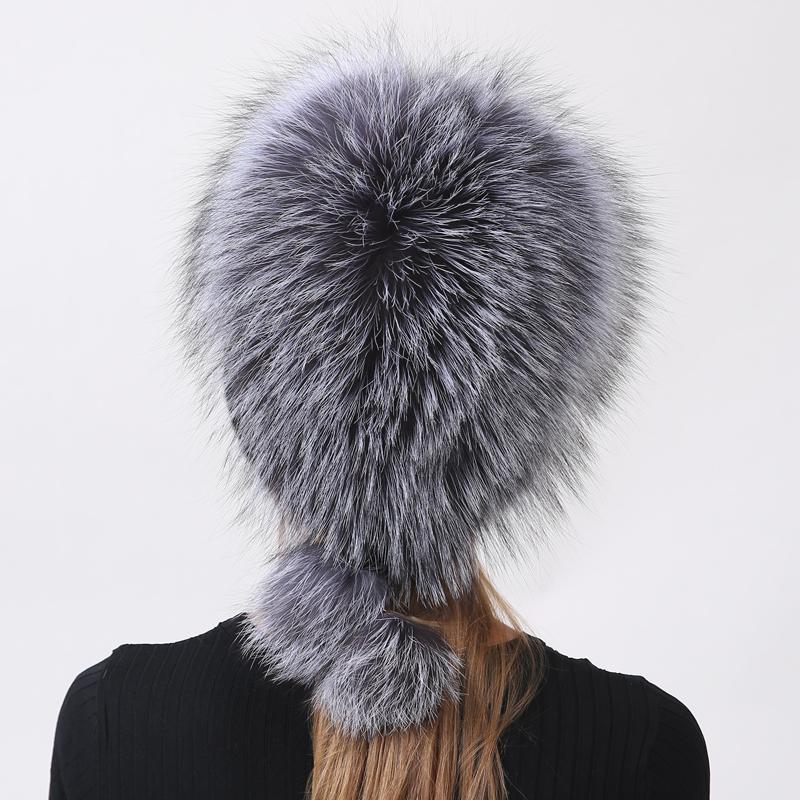 Women's Russian Winter Hat Genuine Fox & Mink Fur Knitted Beanie with Fleece Balls, Warm Trapper Cap for Cold Weather