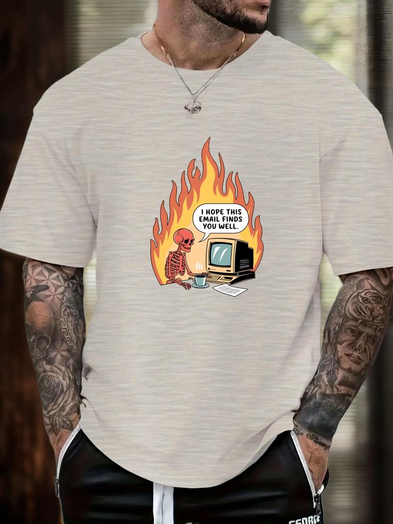 Mens Casual Tshirt Skeleton Flame Email Print Short Sleeve Round Neck Breathable Soft Oversized Humorous Daily Tee