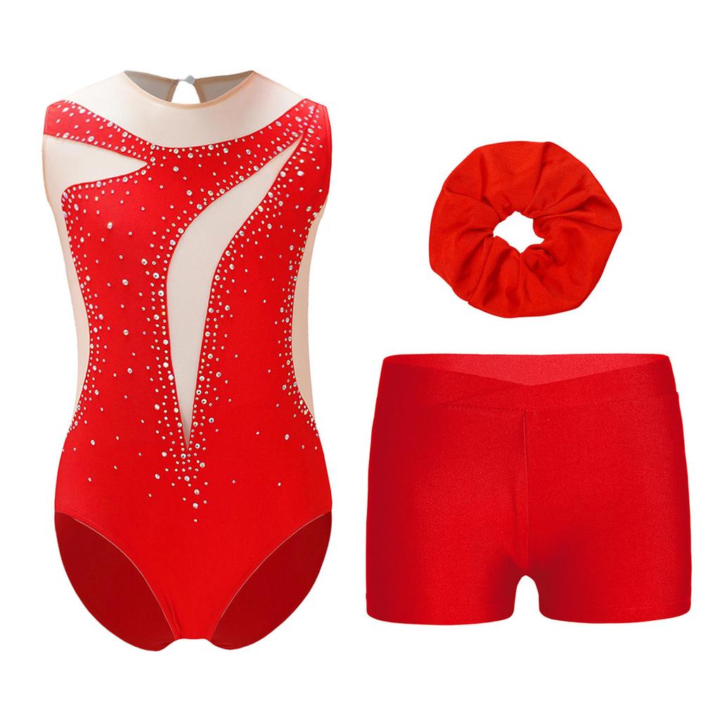 Kids Sparkly Rhinestone Embellished Sheer Mesh Leotard Paired with V Front Shorts and Headpiece for Dance