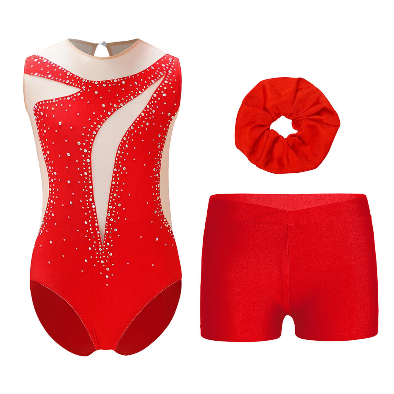 

Kids Sparkly Rhinestone Embellished Sheer Mesh Leotard Paired with V Front Shorts and Headpiece for Dance 5-6 Years червоний