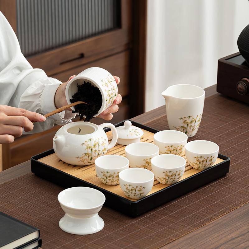 Golden silk bamboo rhyme suet jade porcelain travel tea set portable outdoor kung fu tea set porcelain gifts