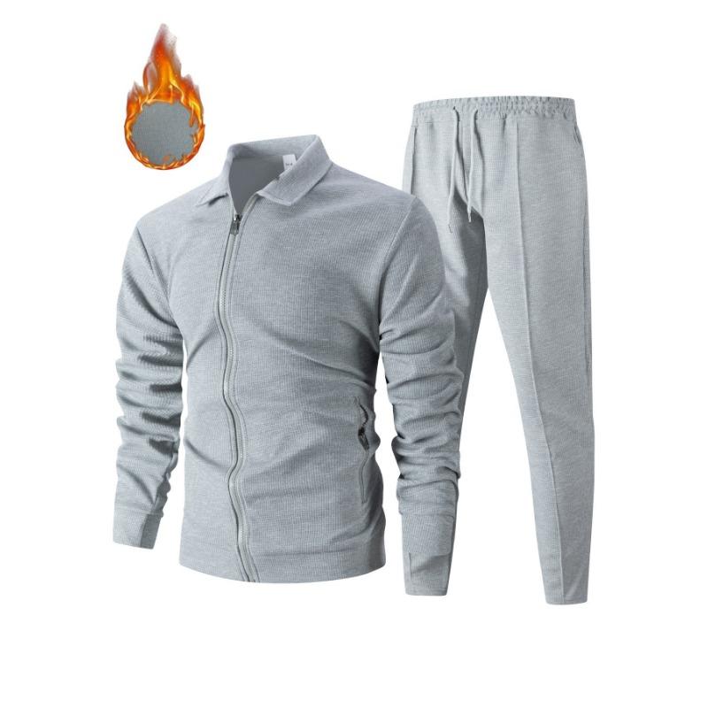 Men Thickened Waffle Turn Down Collar Long Sleeve Jacket And Pants Casual Two Piece Set