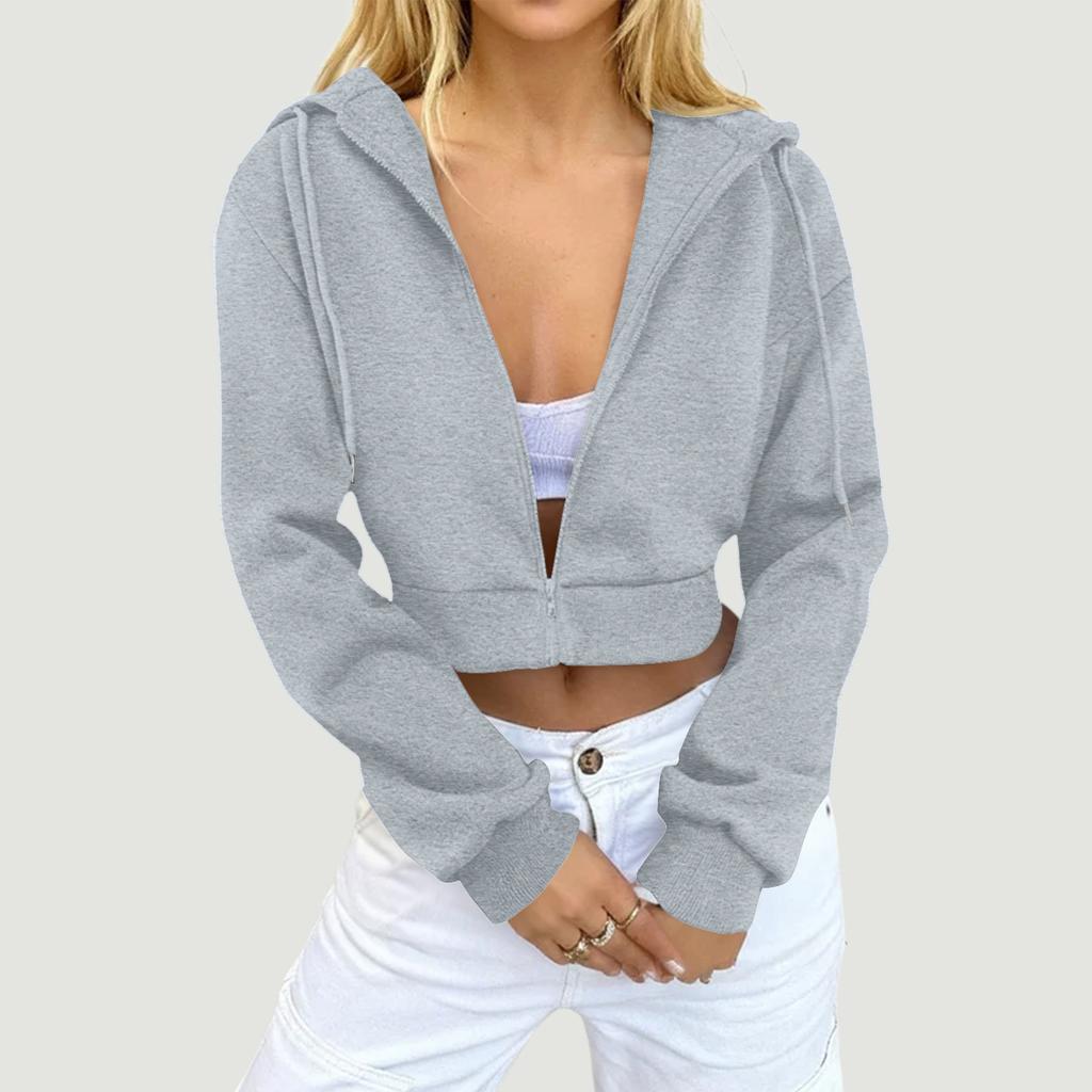 Women's Color Zipper Crop Hooded Jacket