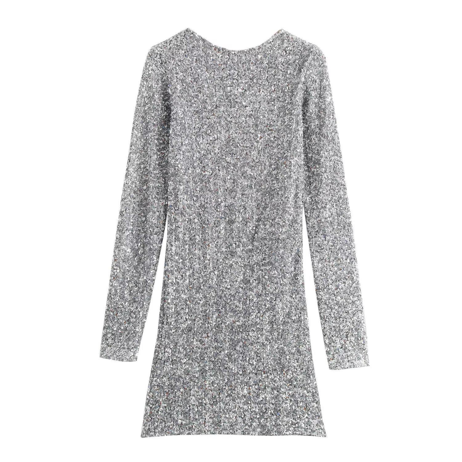 

Зимнее платье 2024 года в европейском и американском стиле с круглым вырезом и длинными рукавами с пайетками - Элегантная и простая мода для женщин L