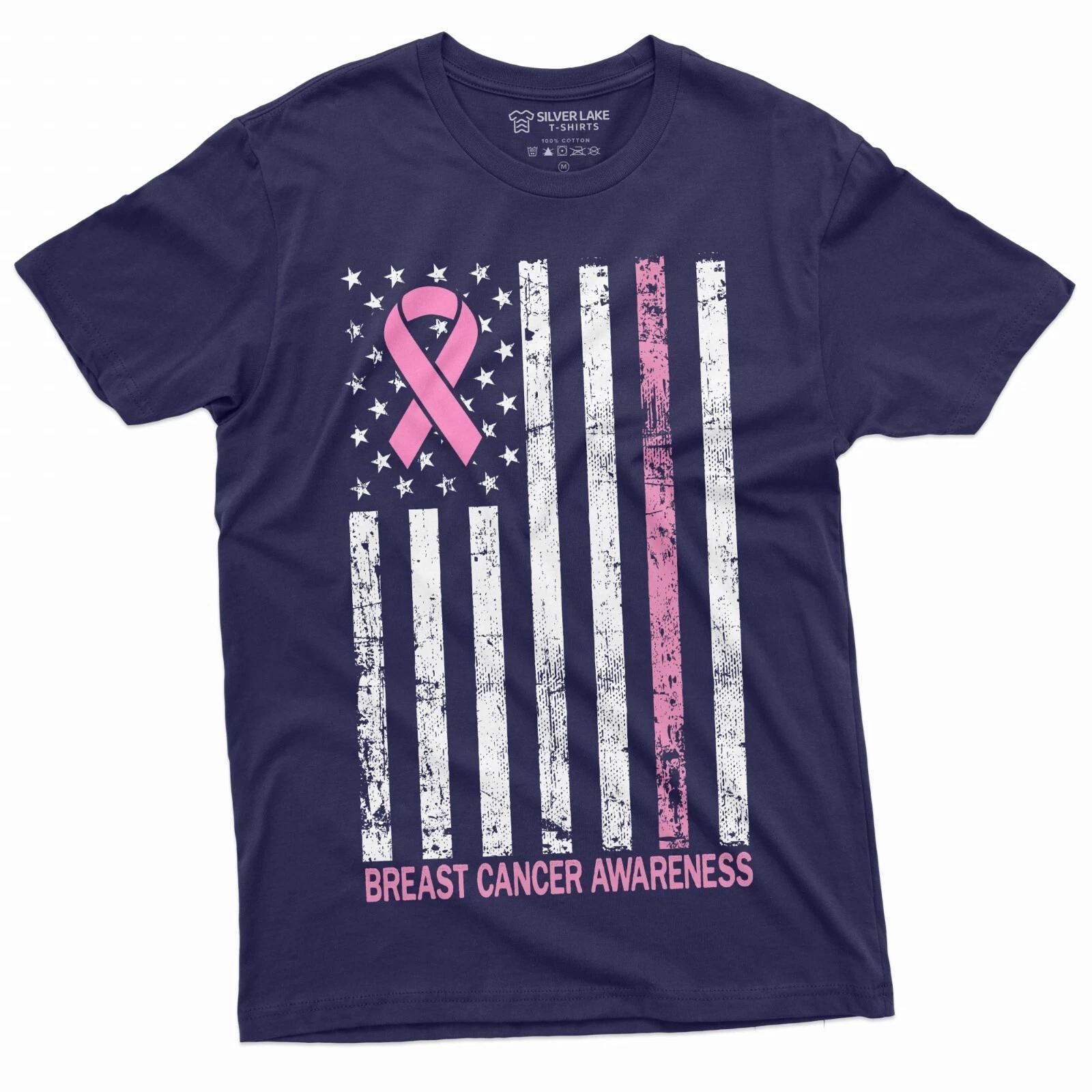 Breast Cancer Awareness T-shirt Cancer Ribbon USA Flag Awareness Day Tshirt Tee L