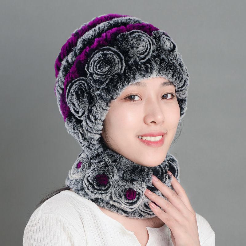 Female Hat Rabbit Rex Fur Fashion Flower Ear Protection Mother Female Fur Hat Scarf Thickened Warmth