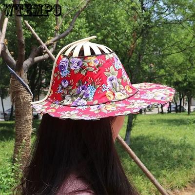 1 ks Klobouky proti slunci na léto s květinovým potiskem v čínském stylu Jarní klobouk a vějíř 2 v 1 Plážové stínící Multifunkční klobouky s ochranou proti slunci