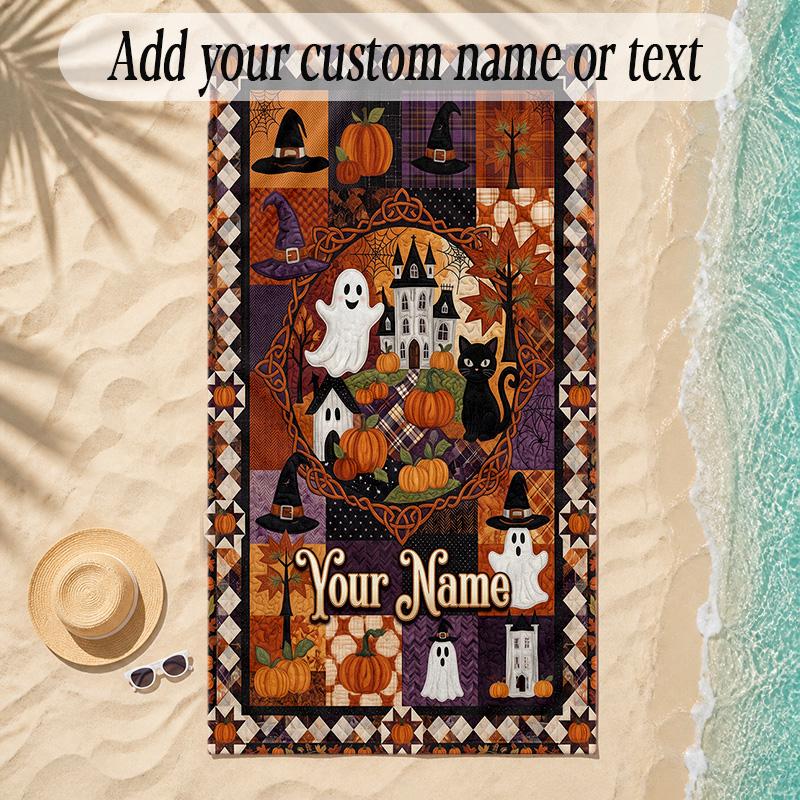 Halloween Theme Soft Beach Towel Personalized Custom Name Text Towel Portable for Beach Pool Travel