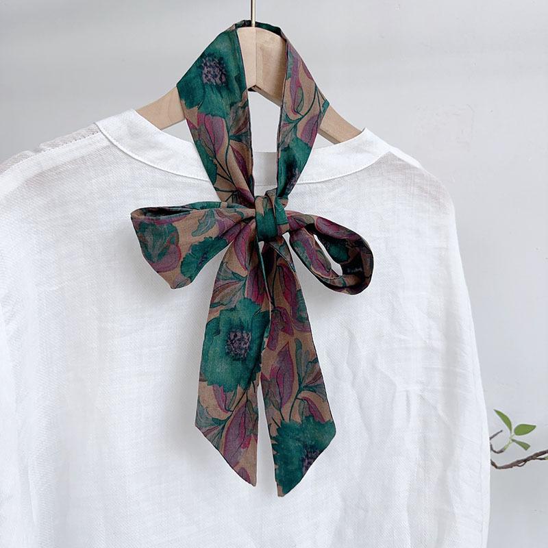 Spring Summer Floral Print Cotton Skinny Scarf Women Soft Neckerchief Hairband Lady Headband Bagscarf Female Neck Ties