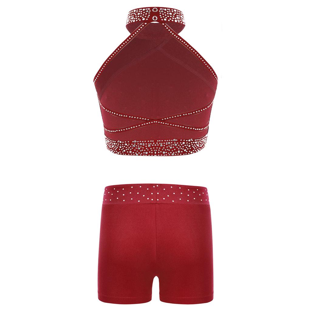 Girls Dance Wear Set Halter Neck Sleeveless Vest Backless Cross Design Rhinestone Waistband Shorts
