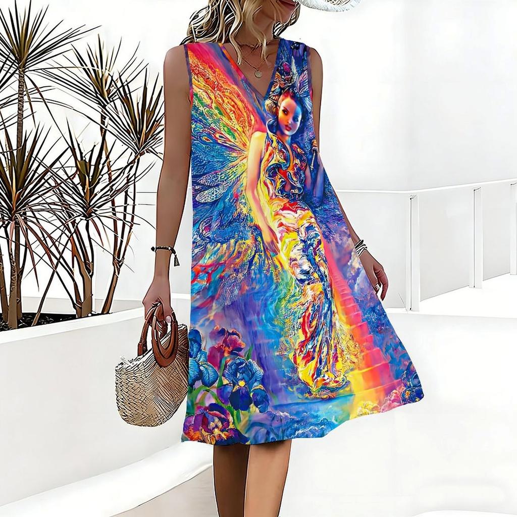 Plus Size V Neck Sleeveless Dress Cloudy Mountain Waterfall Watercolor Print For Outdoor Mountain Tour