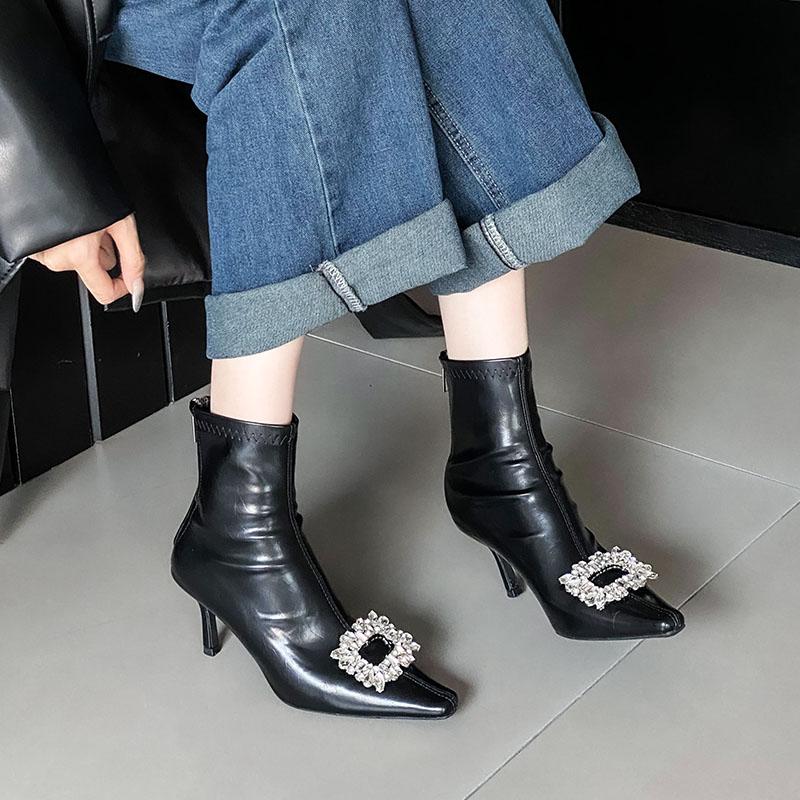 Fashion Silver Fashion Rhinestones Modern Women Ankle Boots Heels Footwear Party Ladies Short Stretch Boots Female Pumps Shoes