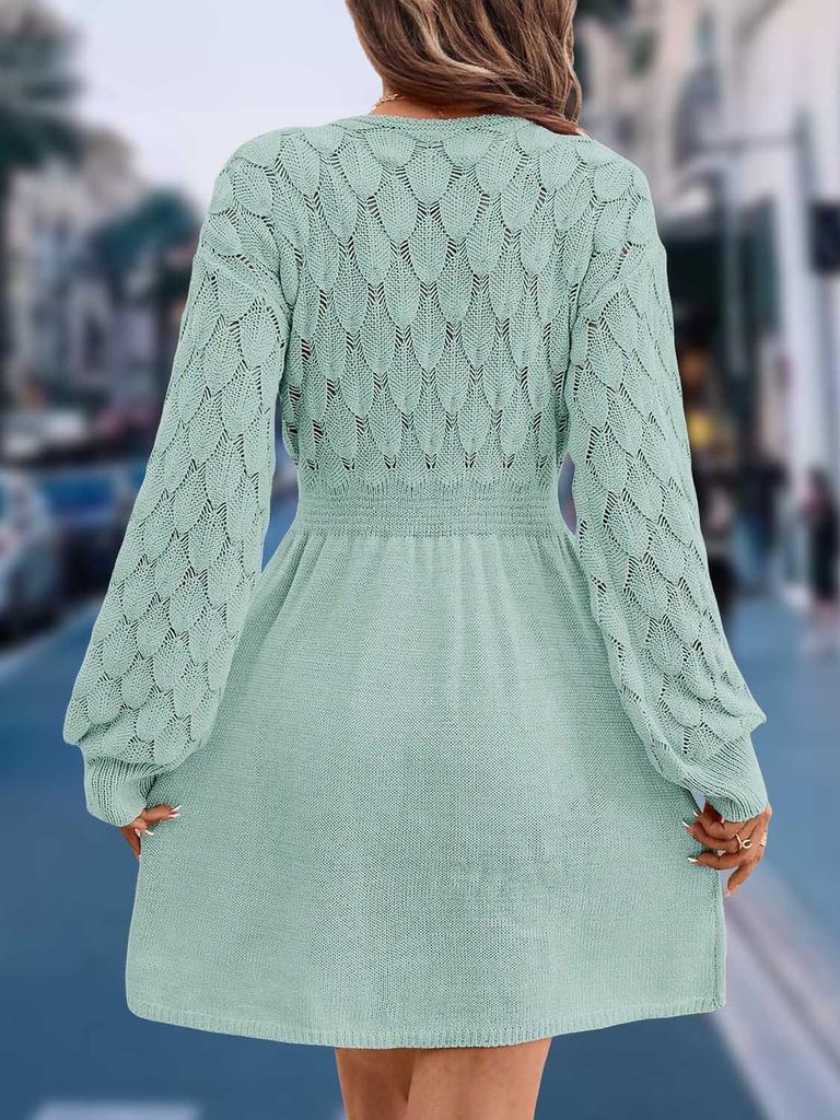 Scale Pattern 3D Knitted Dress New V-Neck Beach Dress A-Line Long Sleeve Dress