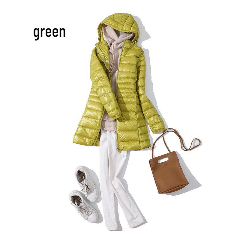 Women's Mid-Length Lightweight Hooded Down Jacket - 2025 Autumn/Winter Slim Fit Plus Size Outerwear