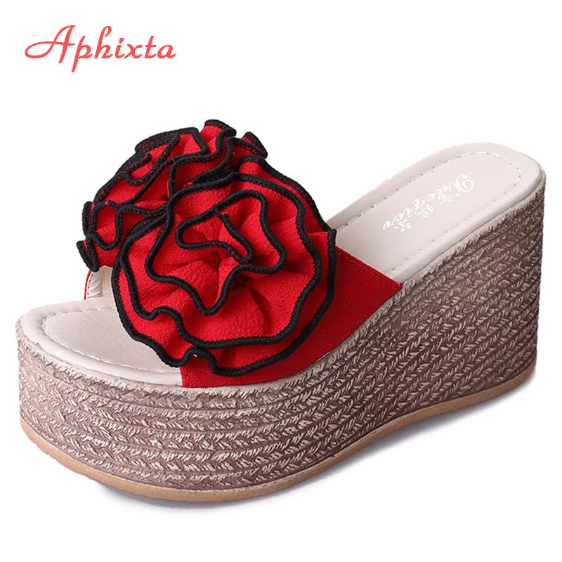 Fashion Aphixta 9cm Platform Wedge Slippers Women Shoes Clog Riband Rose Flowers Sandals Girls Flip Flop Slides Pantoufle Femme