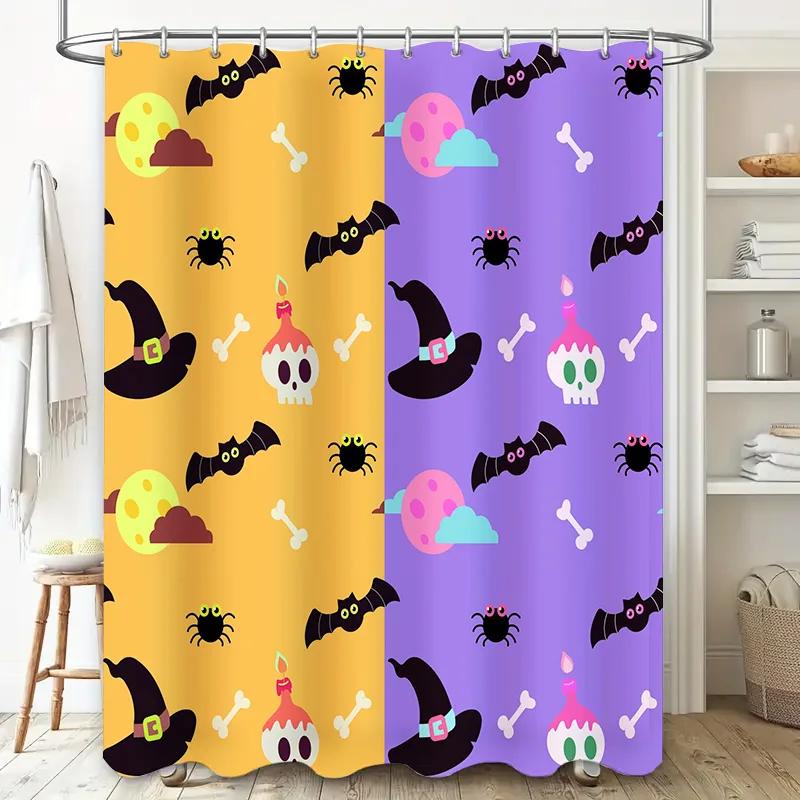Hauntingly Cute Halloween Shower Curtain Set with Bat Skull Cupcake Pattern for Kids Bathrooms Purple Yellow Colors Available
