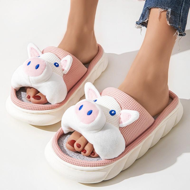 Cartoon Piggy Linen Slippers Women's Four Seasons Drag Breathable Thick Bottom Home Indoor Silent Non-slip Slippers
