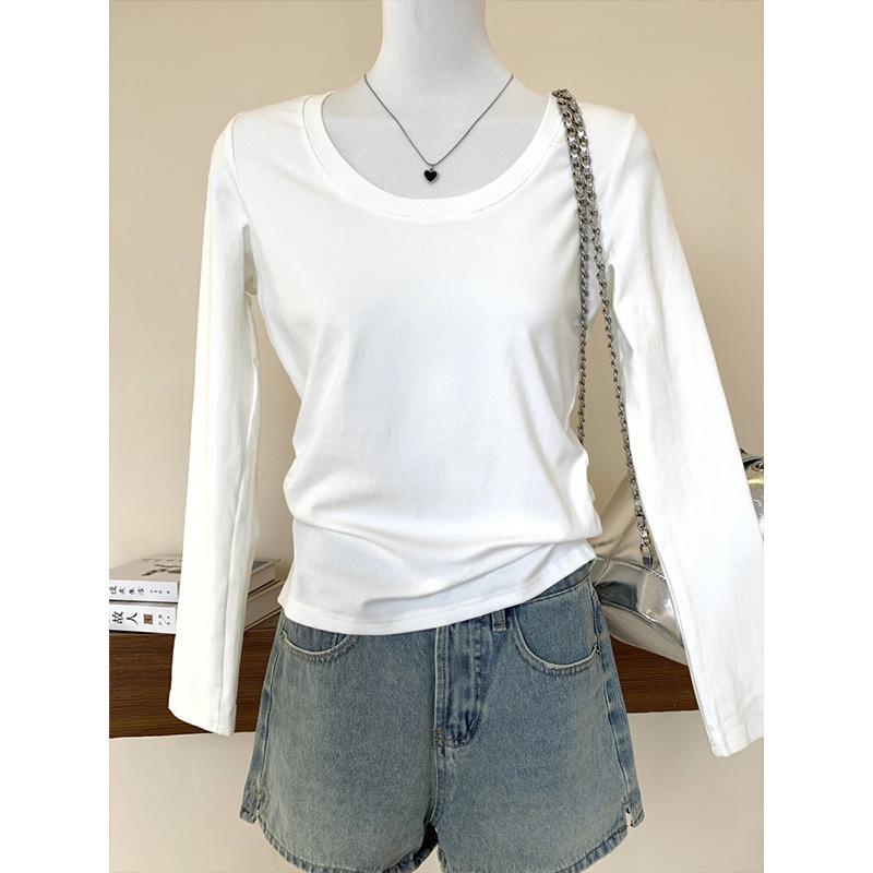 Simple collar straight shoulder bottoming shirt women's white shirt spring slim-fitting and thin long-sleeved top with pure desire