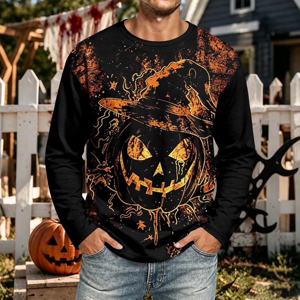 Men's Halloween Neck Long Sleeve Casual Shirt Comfortable Top for Holiday Party and Daily Wear