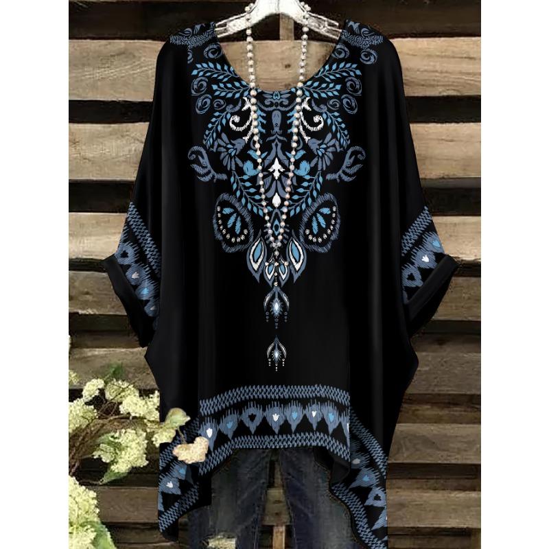Summer Directional Plus Ethnic Style Pattern Printed Swallowtail Round Neck T-shirt 1XL