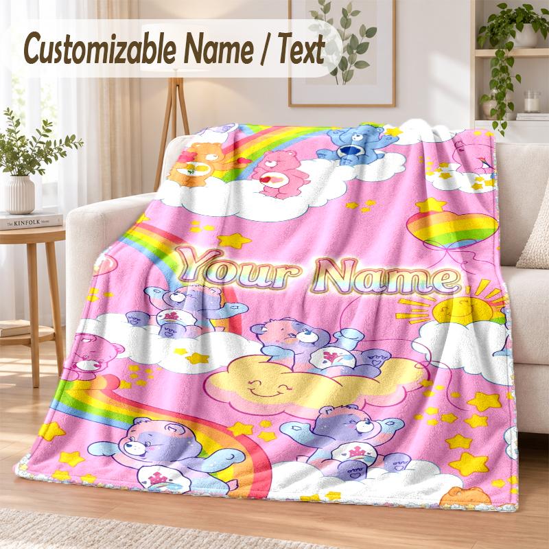 Care Bears Custom Name Flannel Throw Blanket Soft Warm for Sofa Bed Indoor Home Use