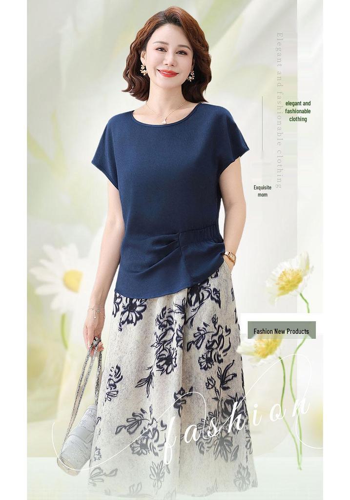 Summer 2025 Mom's Short-Sleeve T-shirt & Skirt Set for Middle-Aged Women