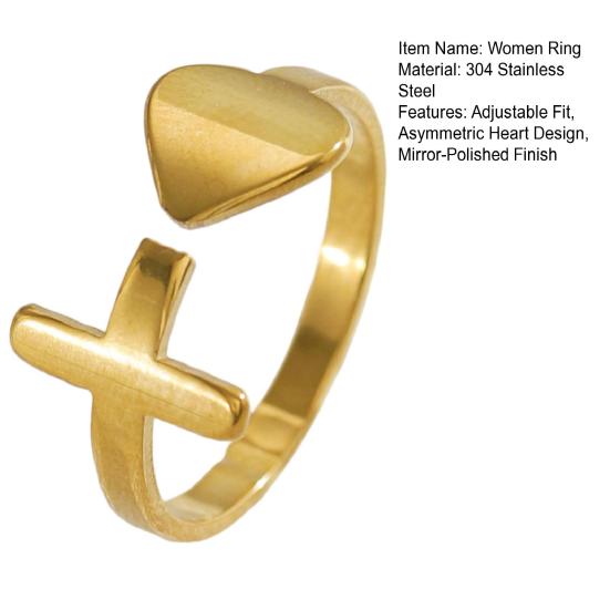 Women Ring Adjustable Fit Asymmetric Heart Design Bright Polished Mirror Texture Finger Ring Jewelry Gift