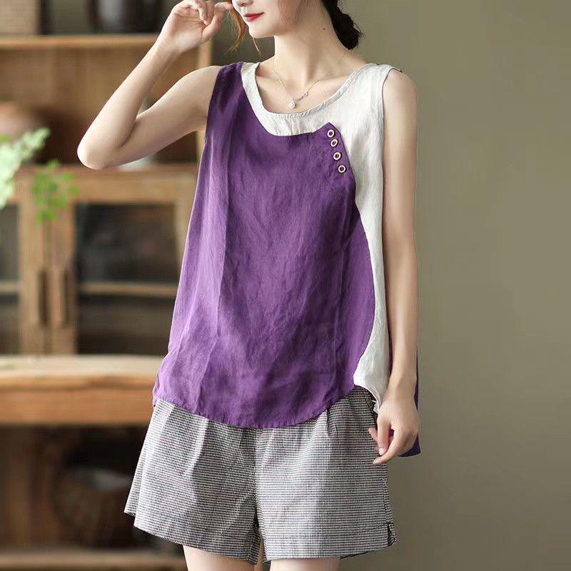 Women's Asymmetrical Cotton Linen Camisole with Button Detail