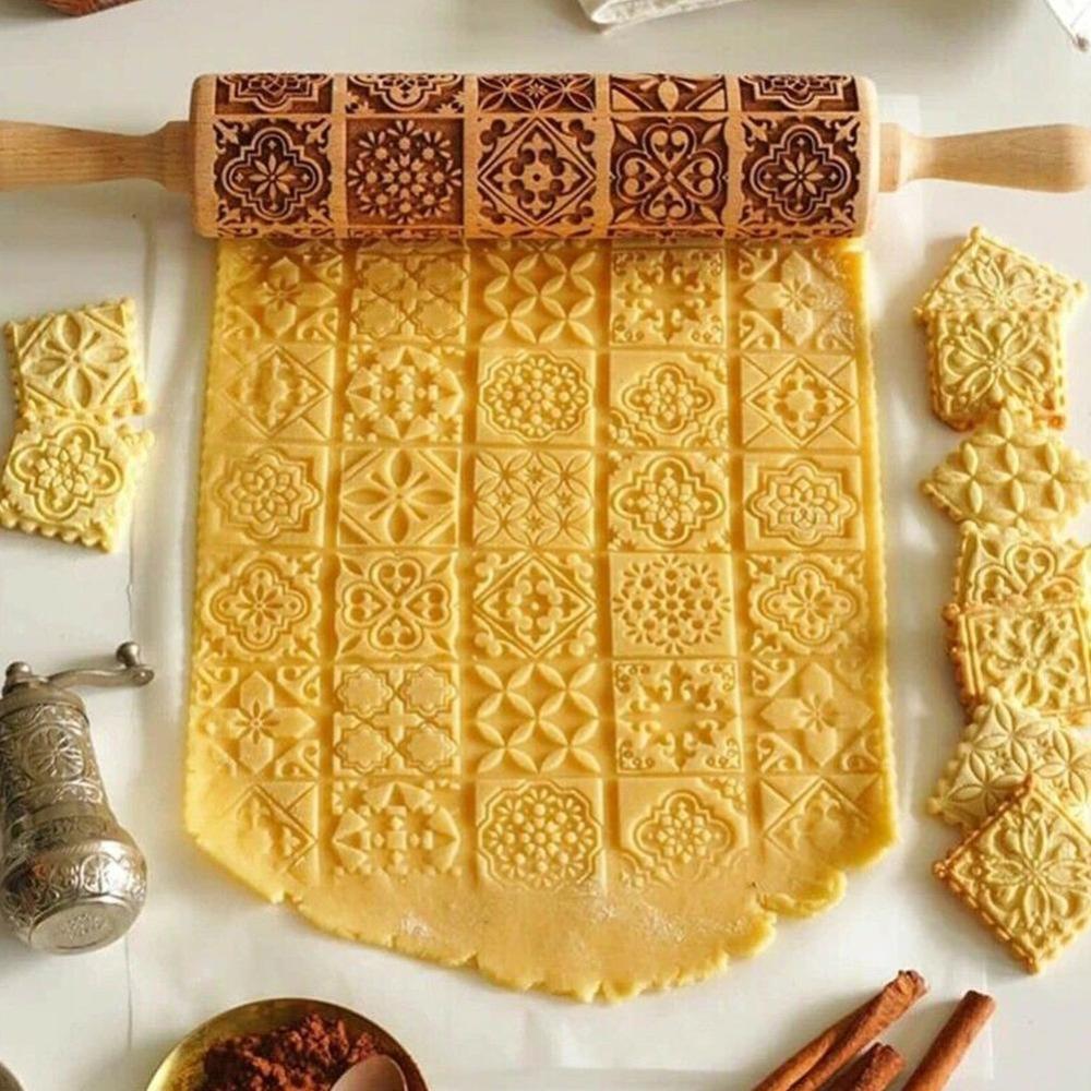 Square Grid Patterned Roller Laser Engraved Embossed Wooden Rolling Pin Cookies Mold   Dough