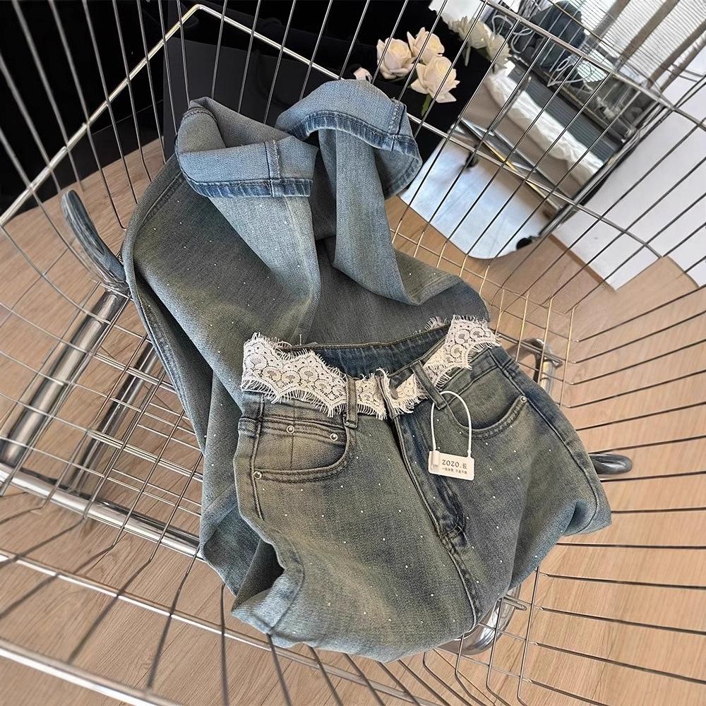 

Women s Wide Leg Lace Waist Jeans, Korean Style, Plus Size, 2025 Spring Collection, Loose Fit Straight Pants. L [Premium]