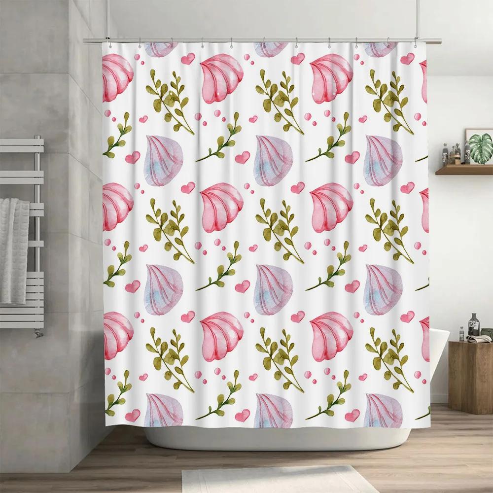 Lebhaftes Blumendekor Duschvorhang-Set Rosa Muschel Grünes Blatt Badezimmer-Dekoration für Zuhause Badezimmerzubehör Moderne Duschvorhänge w
