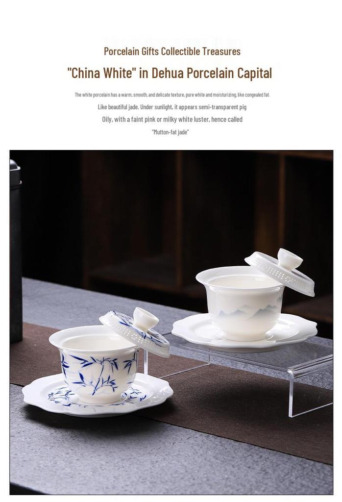 Large Dehua Mutton Fat Jade Ceramic Tea Bowl Set with Three Talents Lid