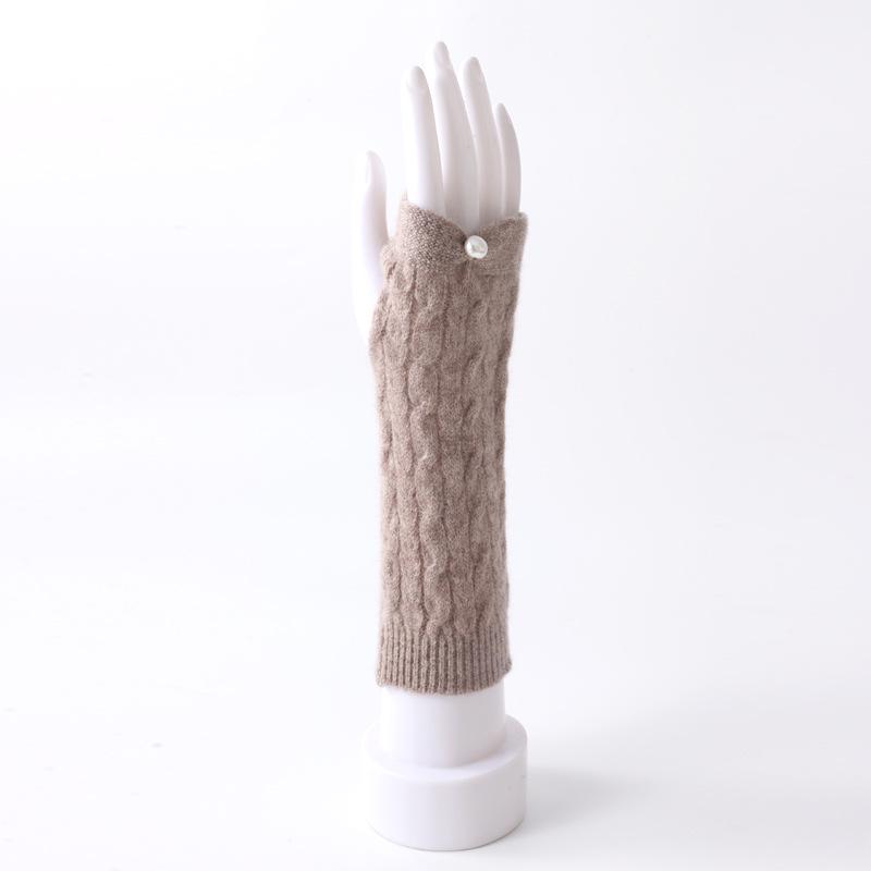 Women's Long Fingerless Cashmere Wool Gloves with Pearl Detail