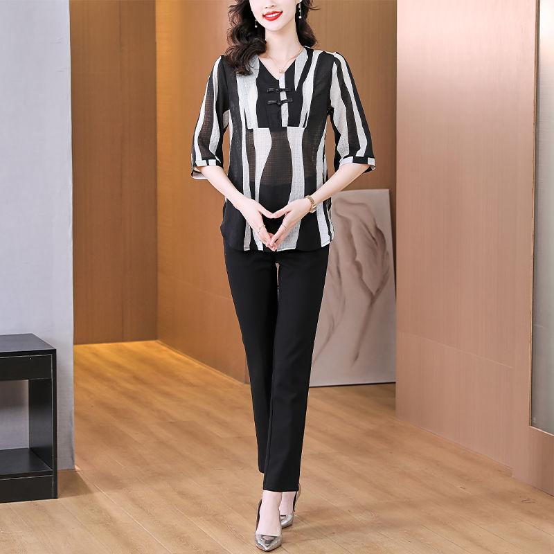 Camisa Vintage con Hebilla de Disco China Ropa de Mujer Estampada Elegante de Verano de Manga Corta Suelta Blusa Casual Elegante con Cuello en V