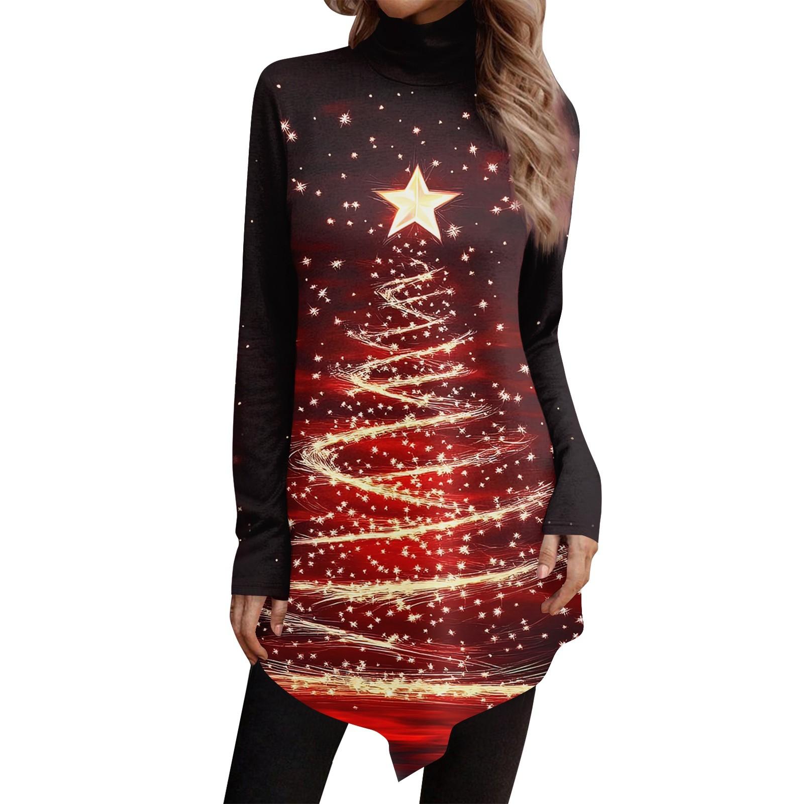 

Повседневная мода Рождественский принт Рубашка Топы Высокий ворот Неровный подол Длинный рукав Пуловер Топы M