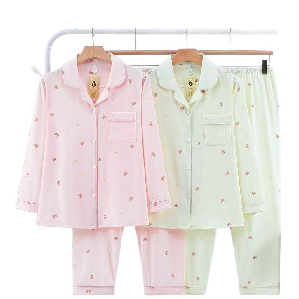 Dingdang Guifei Women's Two-Piece Pajama Set - Turn-Down Collar, Long Sleeve & Pants, Comfortable & Stylish Autumn/Winter Homewear.