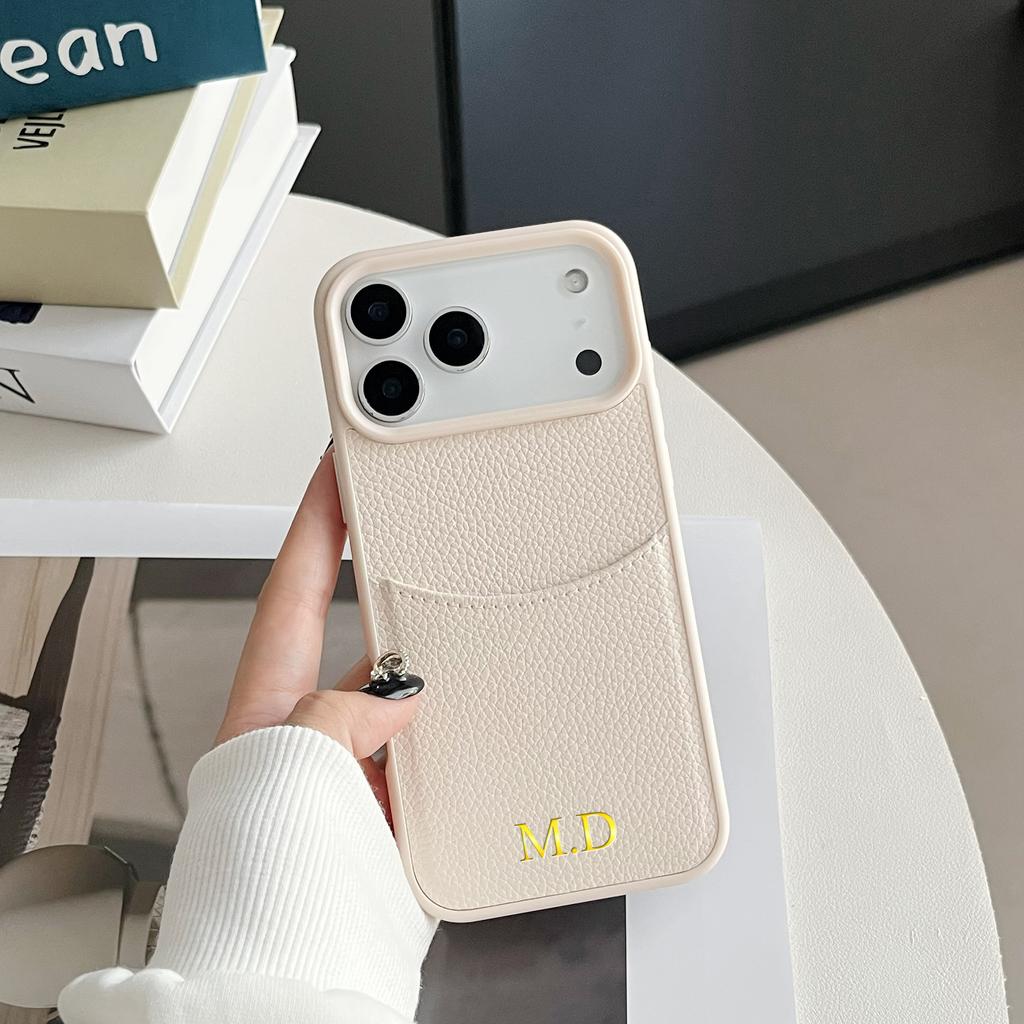 Personalized Custom Name Insert Card Case for iPhone 12 13 14 15 16 17 Pro Max Plus Air PU Leather Gold Hot Foil Stamping