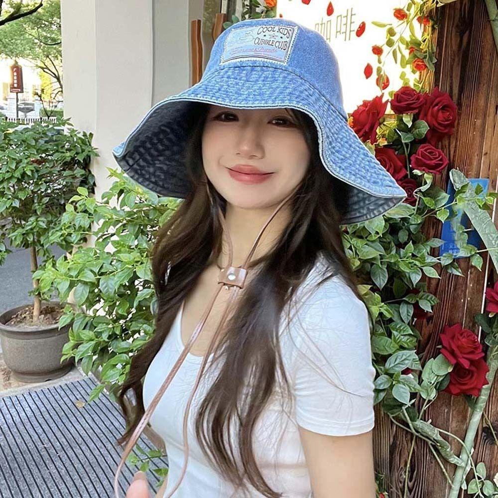 Wide-Brimmed Retro Fisherman Hat Sunshade Sun Protection Basin Cap Denim Bucket Hats  Women