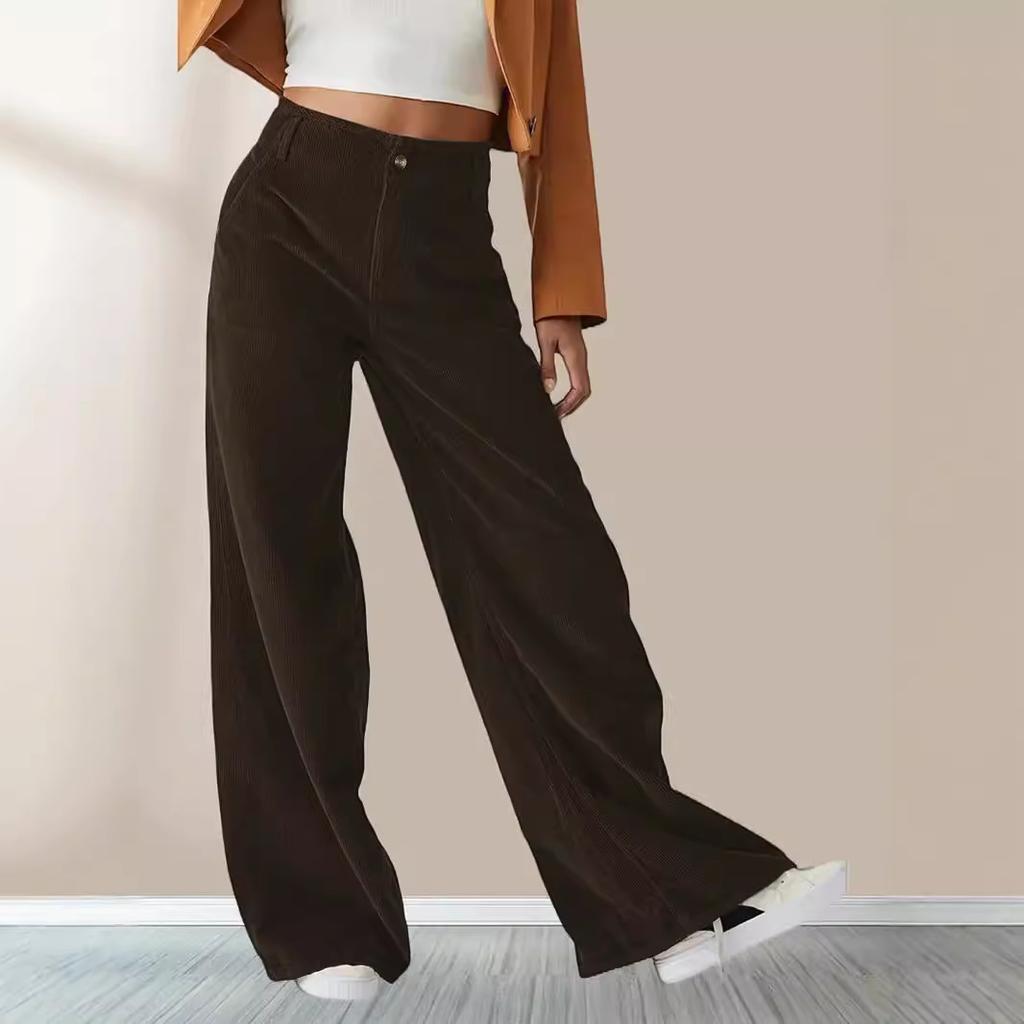 Women Autumn Winter High Waist Corduroy Straight Pants, Draped Slim‑Fit Casual Long Trousers Multi‑Color Wide Leg Bottoms For Daily Street Outfit