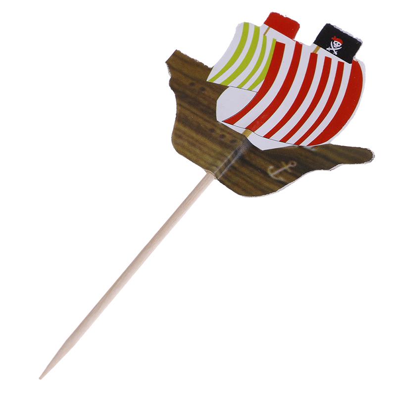24Pcs Cake Toppers Pirate Theme Fruit Picks Insert Card Halloween Party Decor