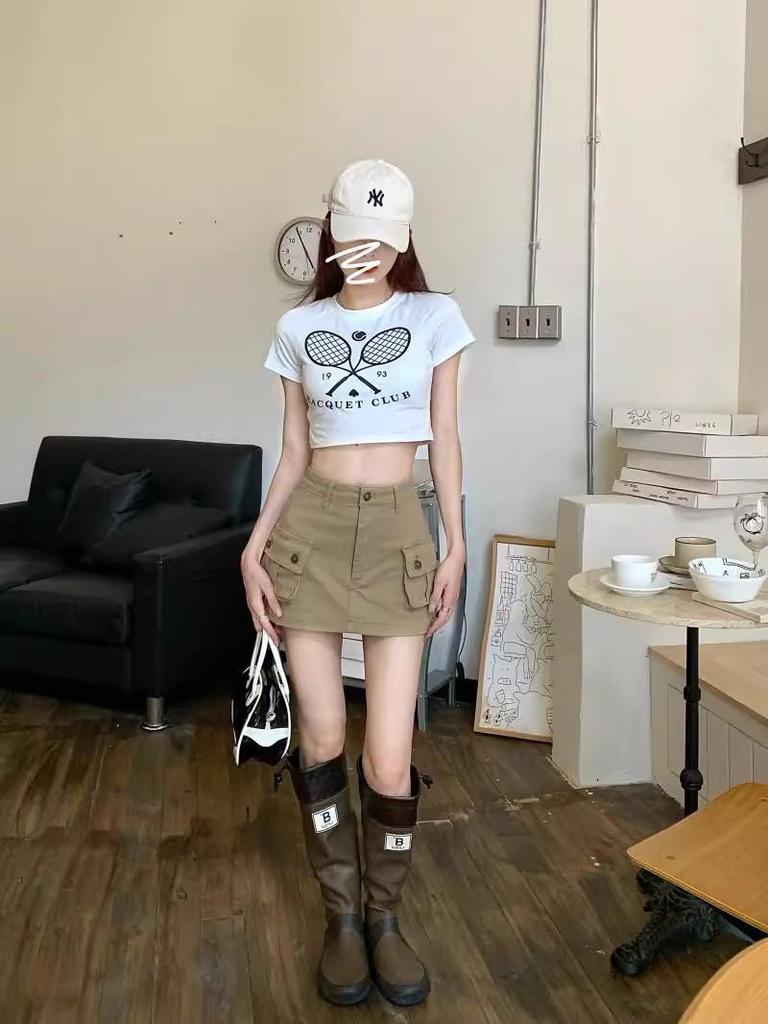 Khaki High-Waist A-Line Denim Skirt - Slim, Retro, Summer Style for Women